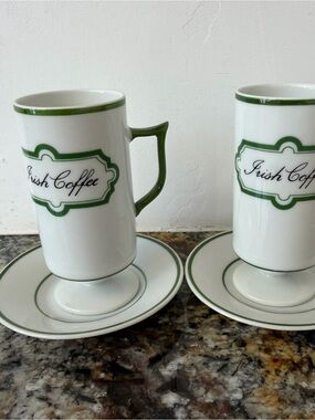 Vintage Irish Coffee Mugs with Saucers - White and Green